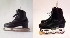 左にブレードが付いたアイス用フィギュアの靴、右にフレームが付いたインラインフィギュアの靴を並べた画像