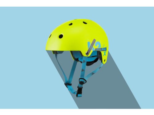 スケートボード用で、顎紐付き、通気穴があいた通気性のあるハーフタイプの黄色いヘルメットのイラスト画像