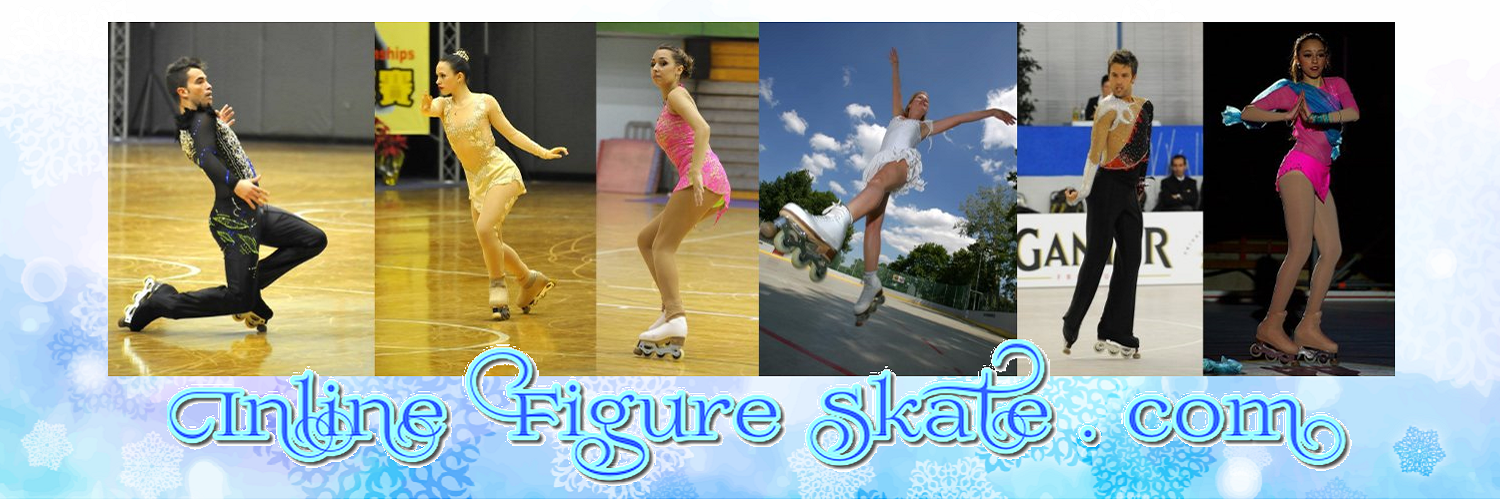 インラインフィギュアスケートドットコム・トップページ・ヘッダーイメ  ージ画像・男性２人女性４人合計６人のインラインフィギュアスケート選手の屋内体育館における競技会での  滑走中のスナップ写真画像。ロゴ入り画像